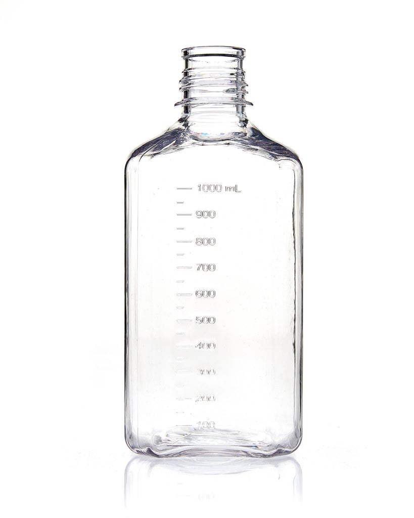 EZBio® Square Bottle, 1L, Polycarbonate (PC), Non-Sterile, 38-430mm Neck, No Cap, 12/pk