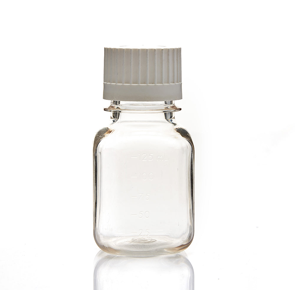 EZBio® Square Bottle, 125mL, PETG, Sterilized, 38-430mm Closed Versacap®, 24/pk