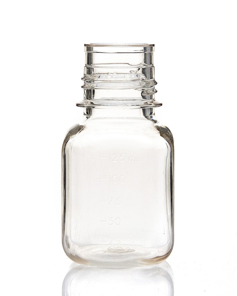 EZBio® Square Bottle, 125mL, PETG, Non-Sterile, 38-430mm Neck, No Cap, 24/pk
