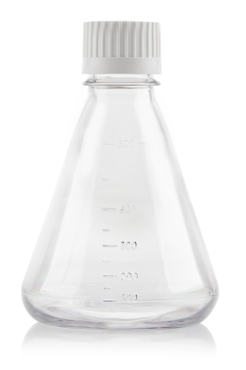 EZBio®pure® 500mL sterile Erlenmeyer Flask with baffle base and VersaCap® 38-430, designed for enhanced mixing and sterile lab performance | img_1 | Foxx Life Sciences Global | shopfls.com