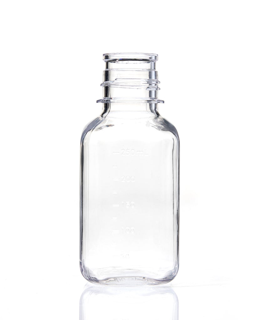 EZBio® Square Bottle, 250mL, PETG, Non-Sterile, 38-430mm Neck, No Cap