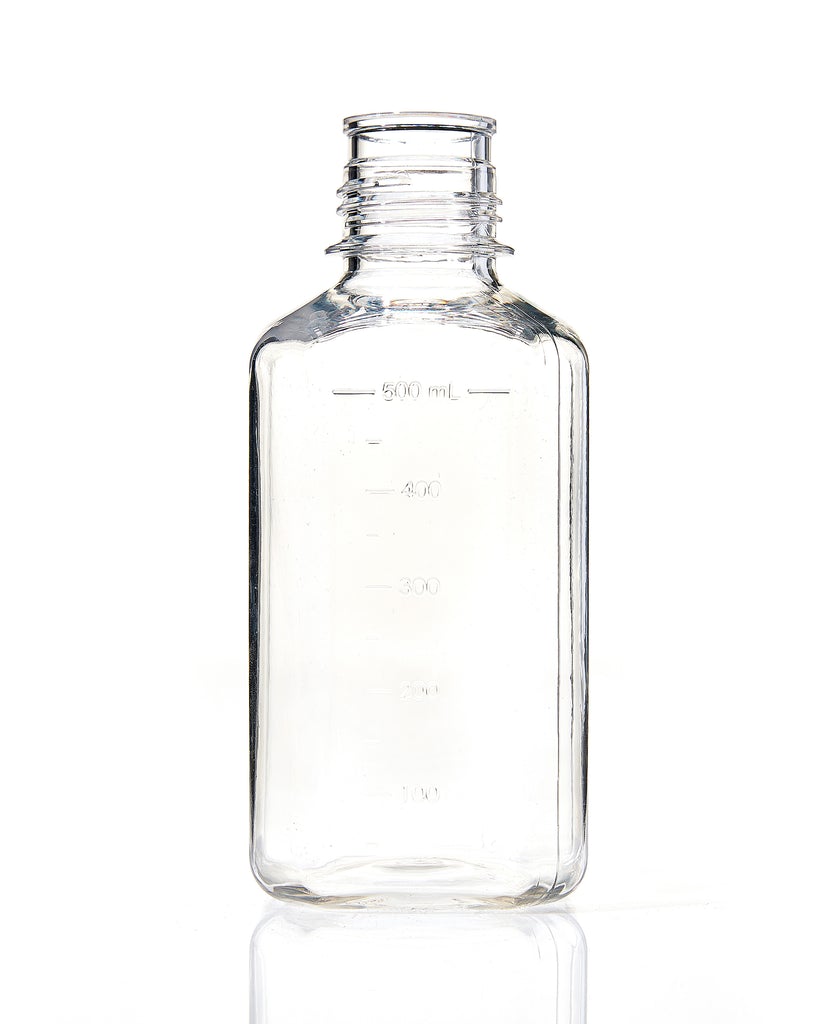 EZBio® Square Bottle, 500mL, PETG, Non-Sterile, 38-430mm Neck, No Cap, 12/pk