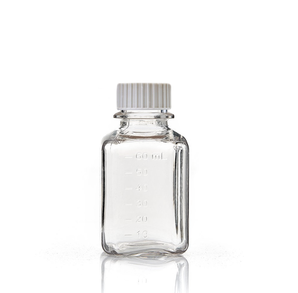 EZBio® Square Bottle, 60mL, PETG, Sterilized, 38-430mm Closed Versacap®, 40/cs