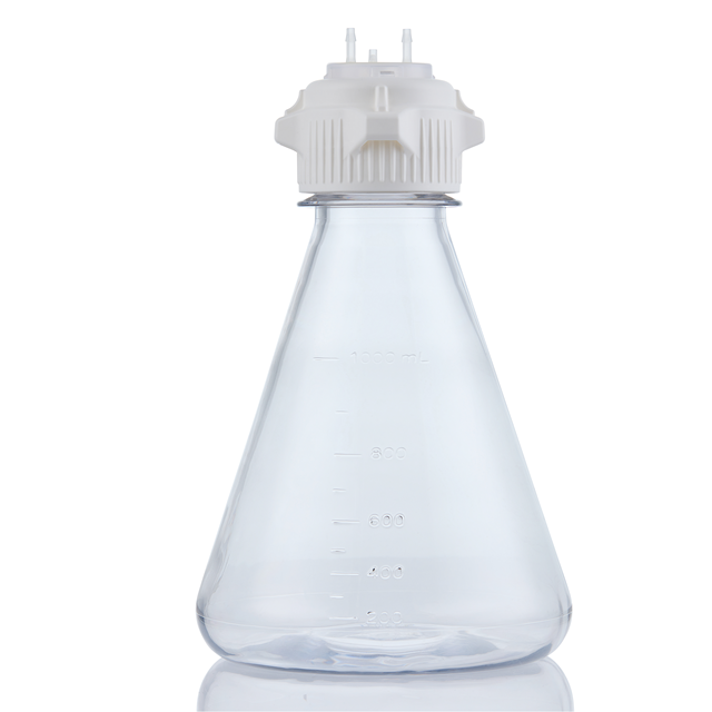 EZBio MTO 1L Flask 2x 1/4 inch Cap Adapter with Vent Port Baffled Base 53B VersaCap Non Sterile