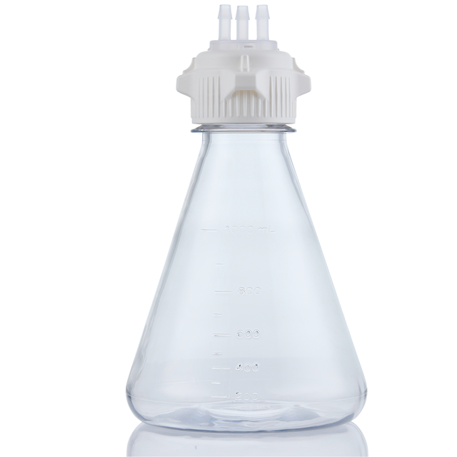 EZBio MTO 1L Flask 3x 1/4 inch Cap Adapter Baffled Base 53B VersaCap Non Sterile
