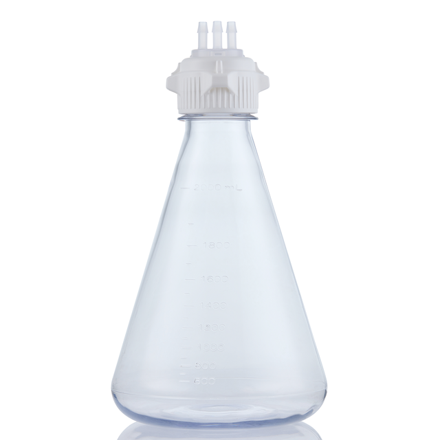 EZBio MTO 2L Flask 3x 1/4 inch Cap Adapter Baffled Base 53B VersaCap Non Sterile